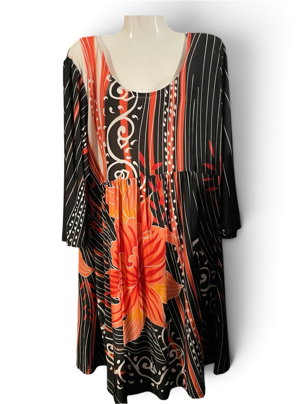 Reborn Black and Orange Floral Stripe Long Sleeve Dress